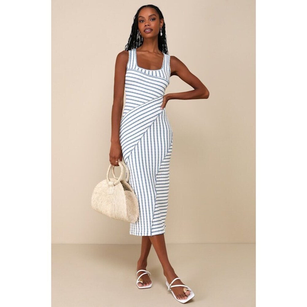 Lulus Constantly Trendy Blue Striped Crinkle Bodycon Midi Dress - Size S